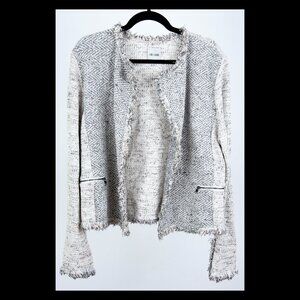 Nic+Zoe Womens Ivory Blue Red Marled Long Sleeve Fringe Mixed Jacket XL EUC